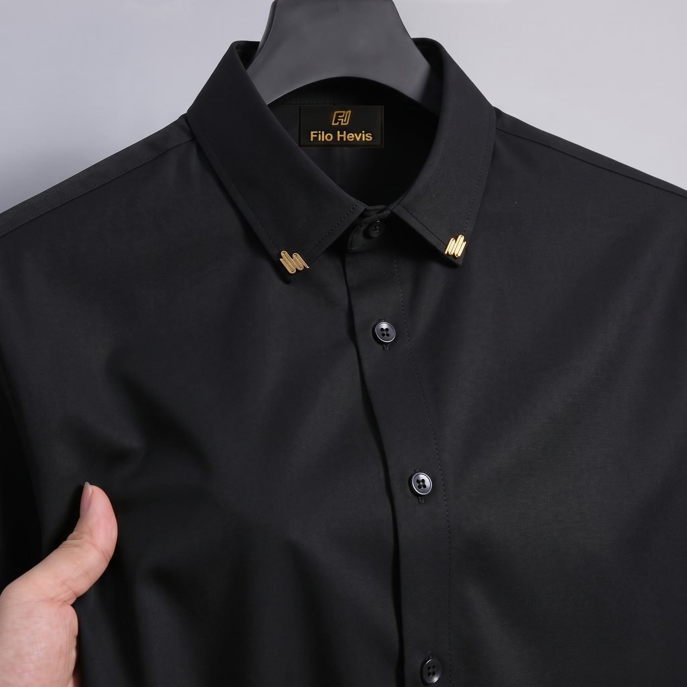 Men's Premium Stretch Formal Shirt with Gold Collar Pins | Wrinkle-Resistant | Party & Office Wear | Black