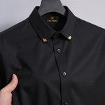 Men's Premium Stretch Formal Shirt with Gold Collar Pins | Wrinkle-Resistant | Party & Office Wear | Black