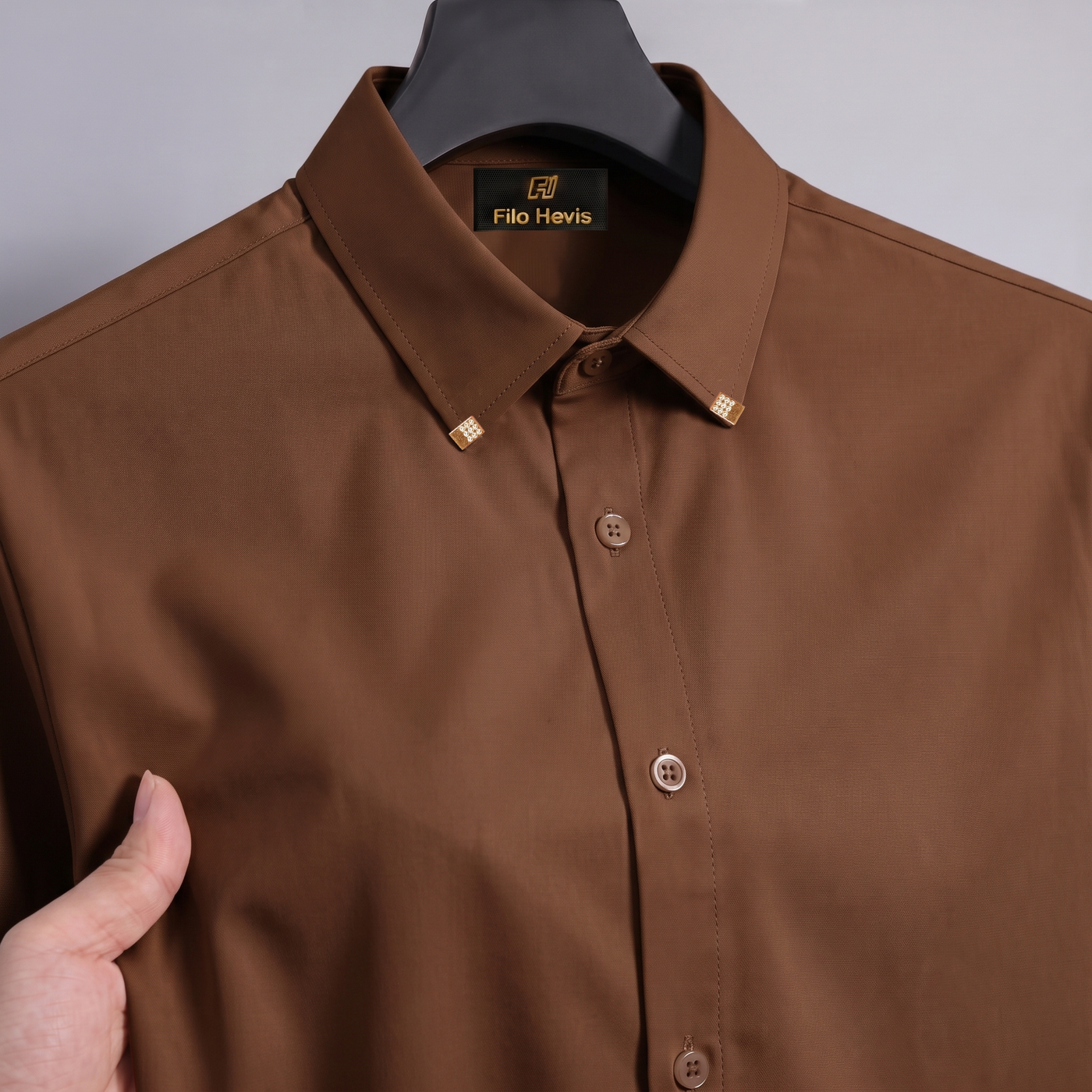 Men's Premium Luxury Formal Shirt with Crystal-Studded Collar Clips | Brown