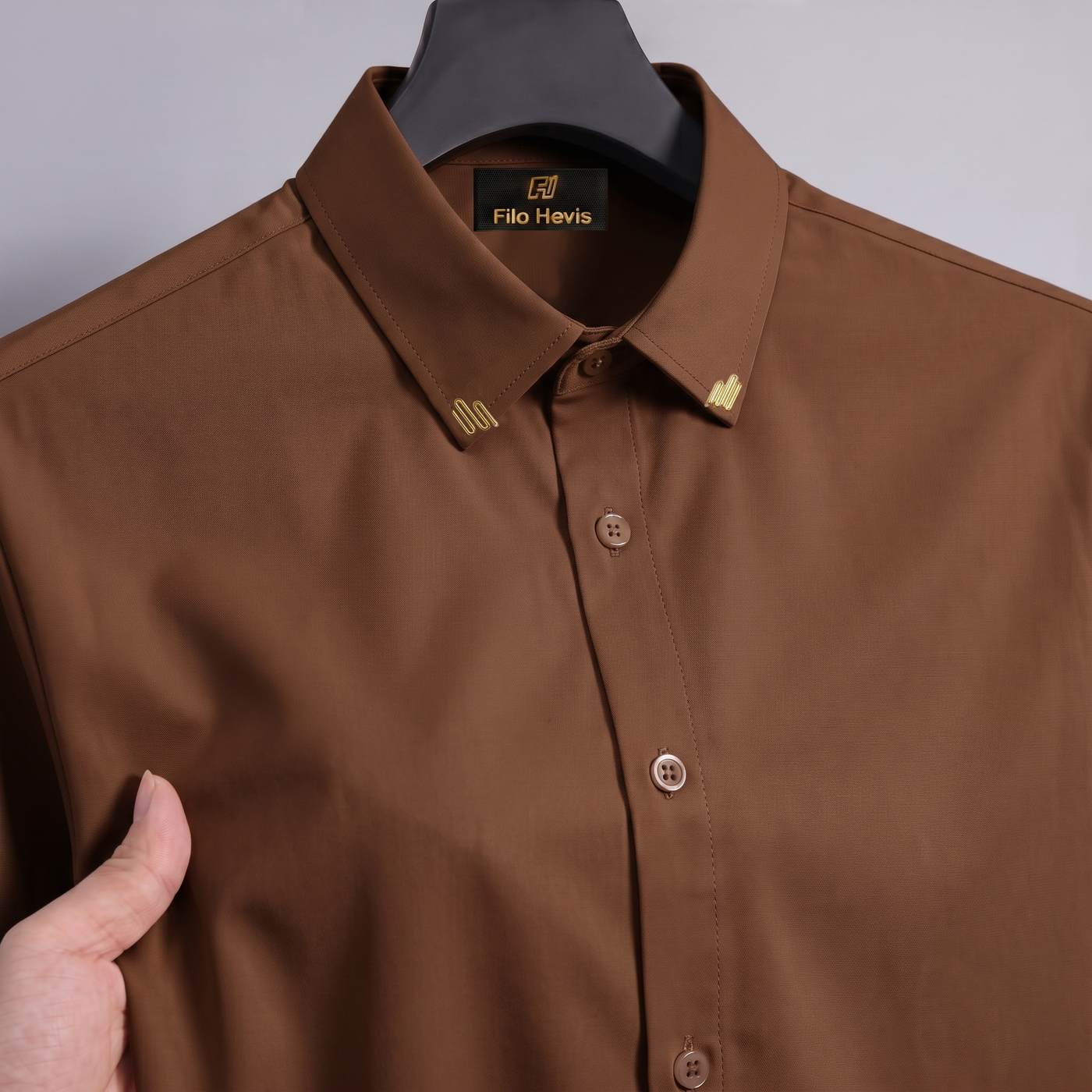 Men's Premium Stretch Formal Shirt with Gold Collar Pins | Wrinkle-Resistant | Party & Office Wear | Brown