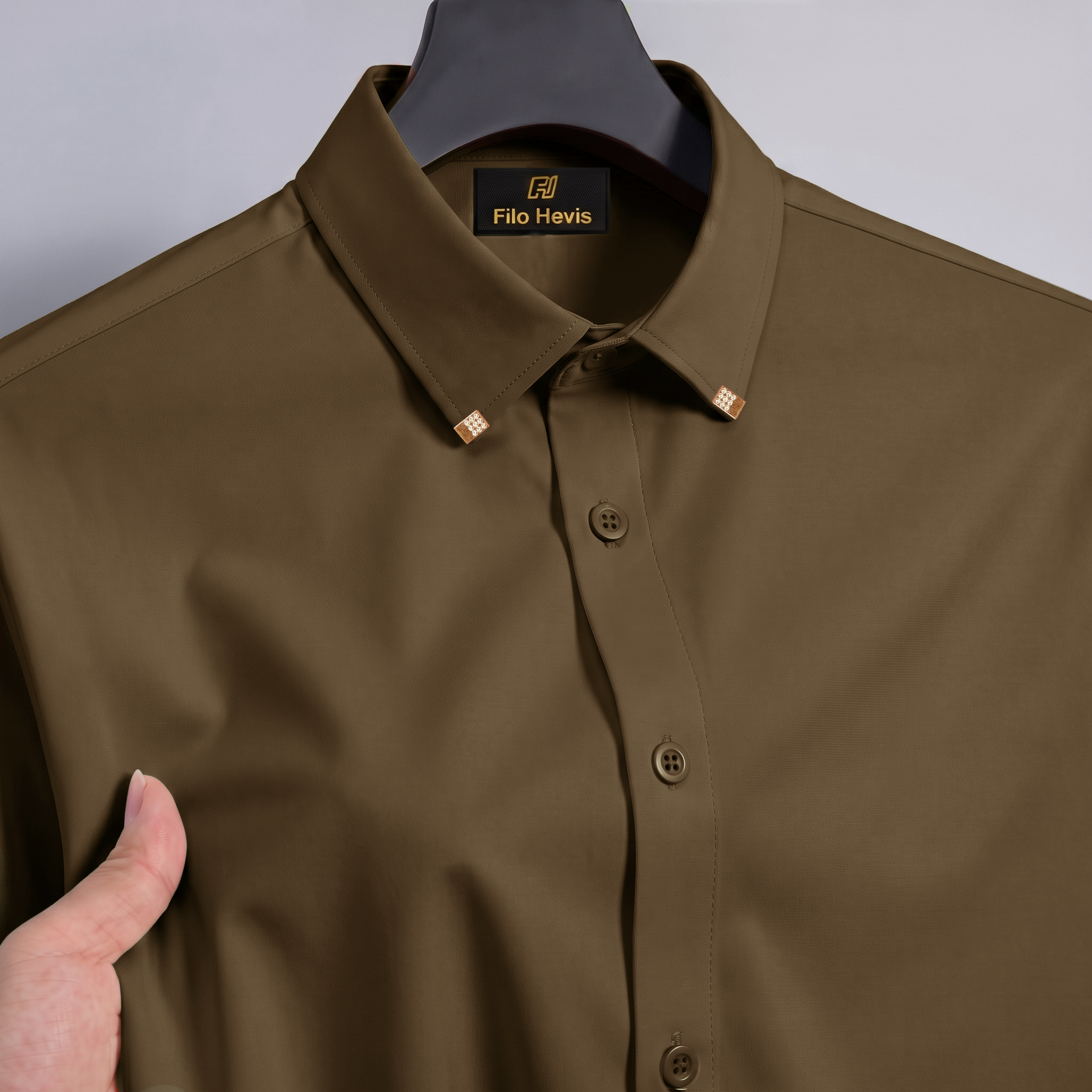 Men's Premium Luxury Formal Shirt with Crystal-Studded Collar Clips | Light-Brown