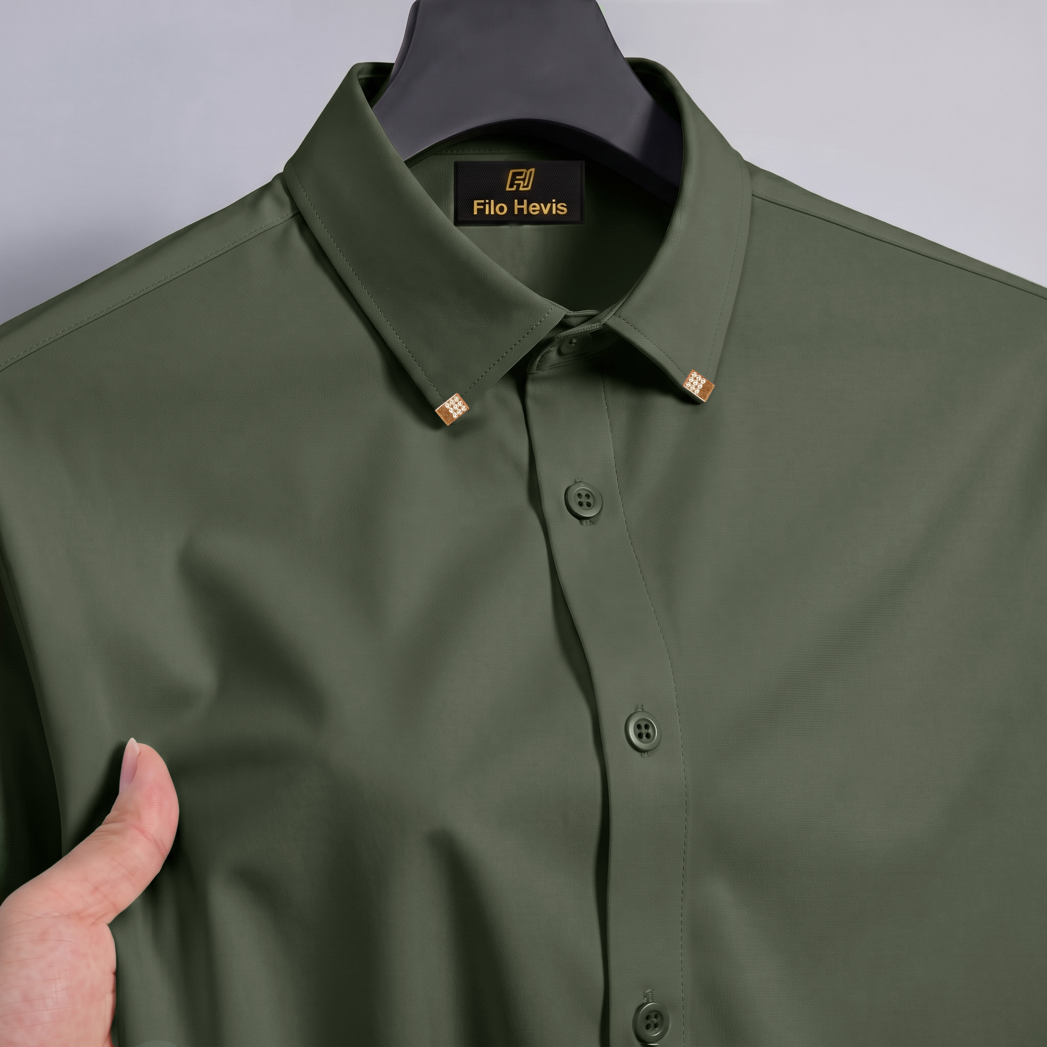 Men's Premium Luxury Formal Shirt with Crystal-Studded Collar Clips | Olive Green