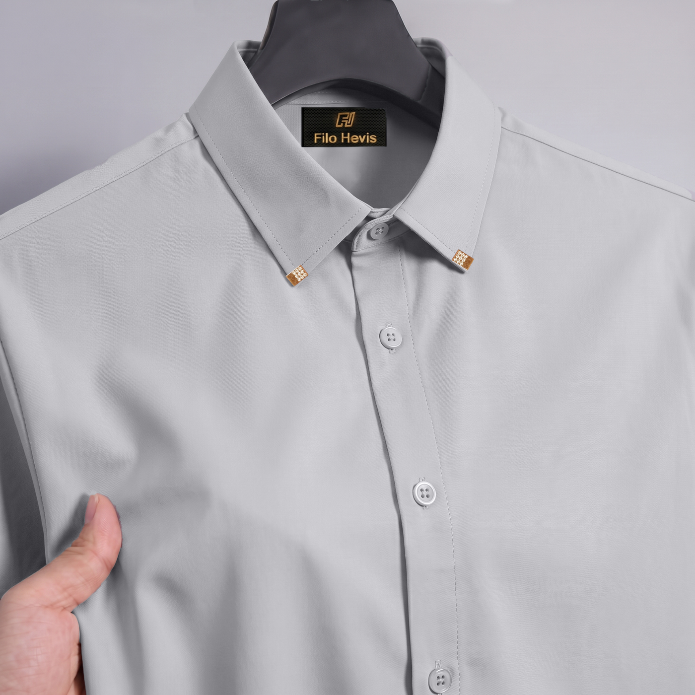 Men's Premium Luxury Formal Shirt with Crystal-Studded Collar Clips | Light Grey