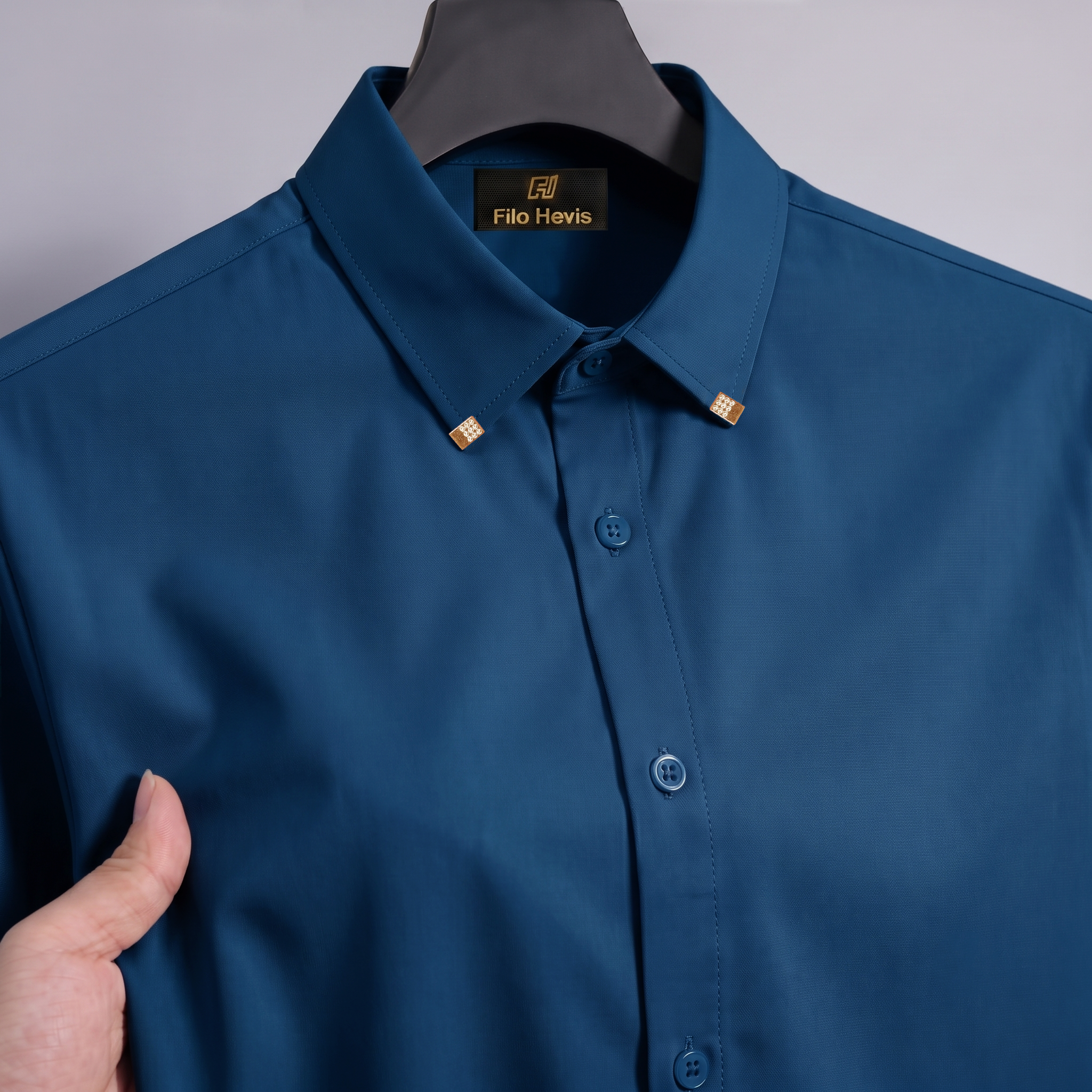 Men's Premium Luxury Formal Shirt with Crystal-Studded Collar Clips | Teal Blue