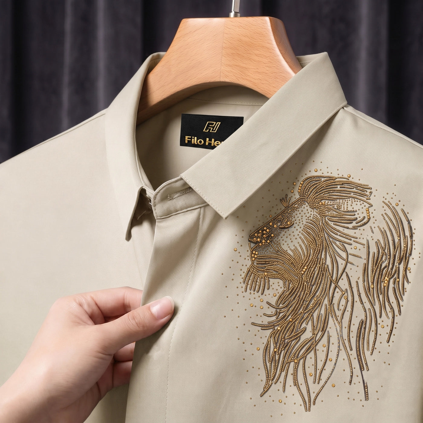 PARTY SHIRTS FOR MEN | PREMIUM SHIRTS | CLUB SHIRTS Lion Embroidery-Beige