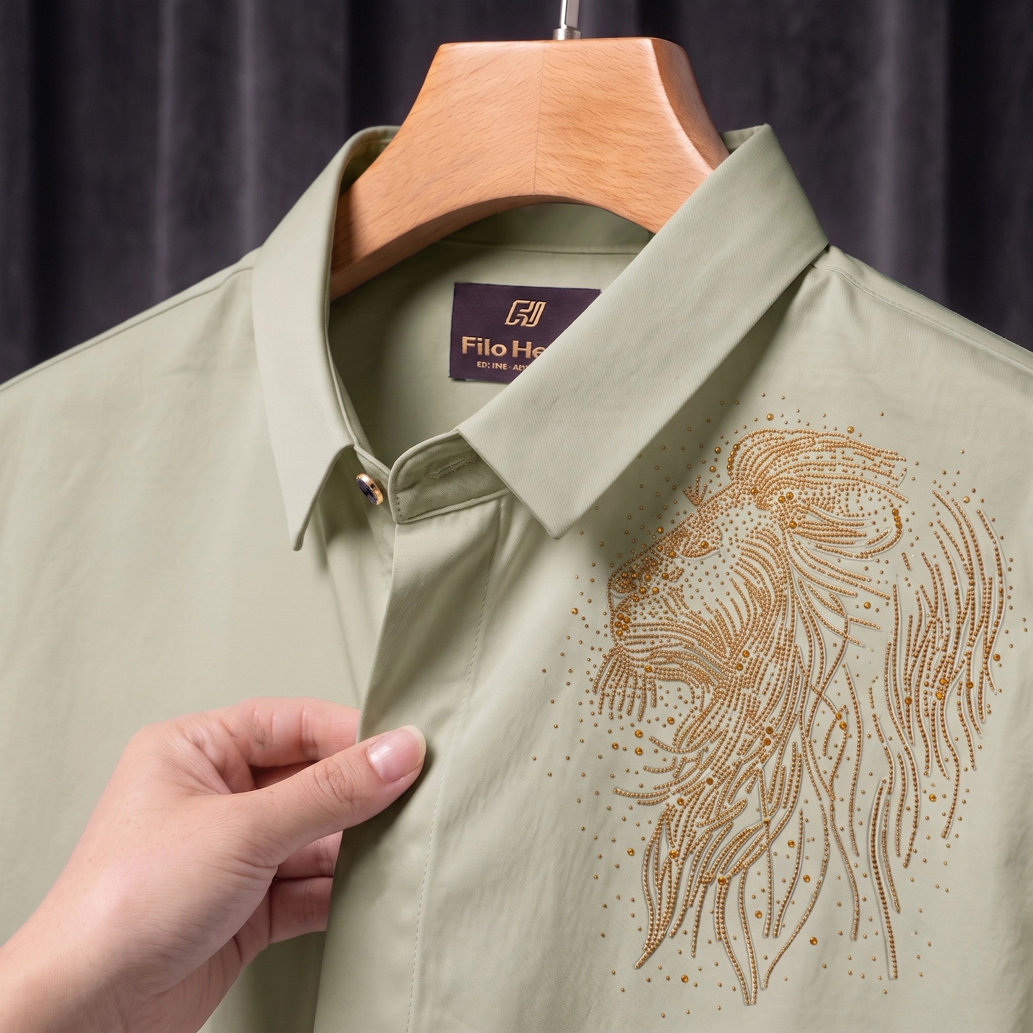 PARTY SHIRTS FOR MEN | PREMIUM SHIRTS | CLUB SHIRTS Lion Embroidery-Light-Greyish-Green