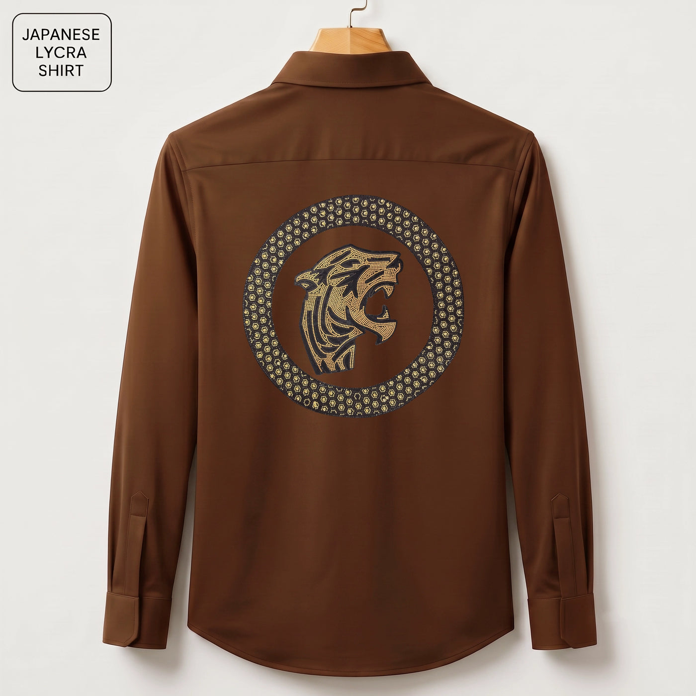 Front & Back Tiger Embroidery Party Shirts | Club Wear | Brown