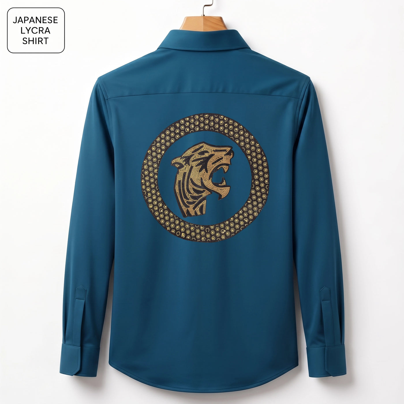 Front & Back Tiger Embroidery Party Shirts | Club Wear | Teal Blue