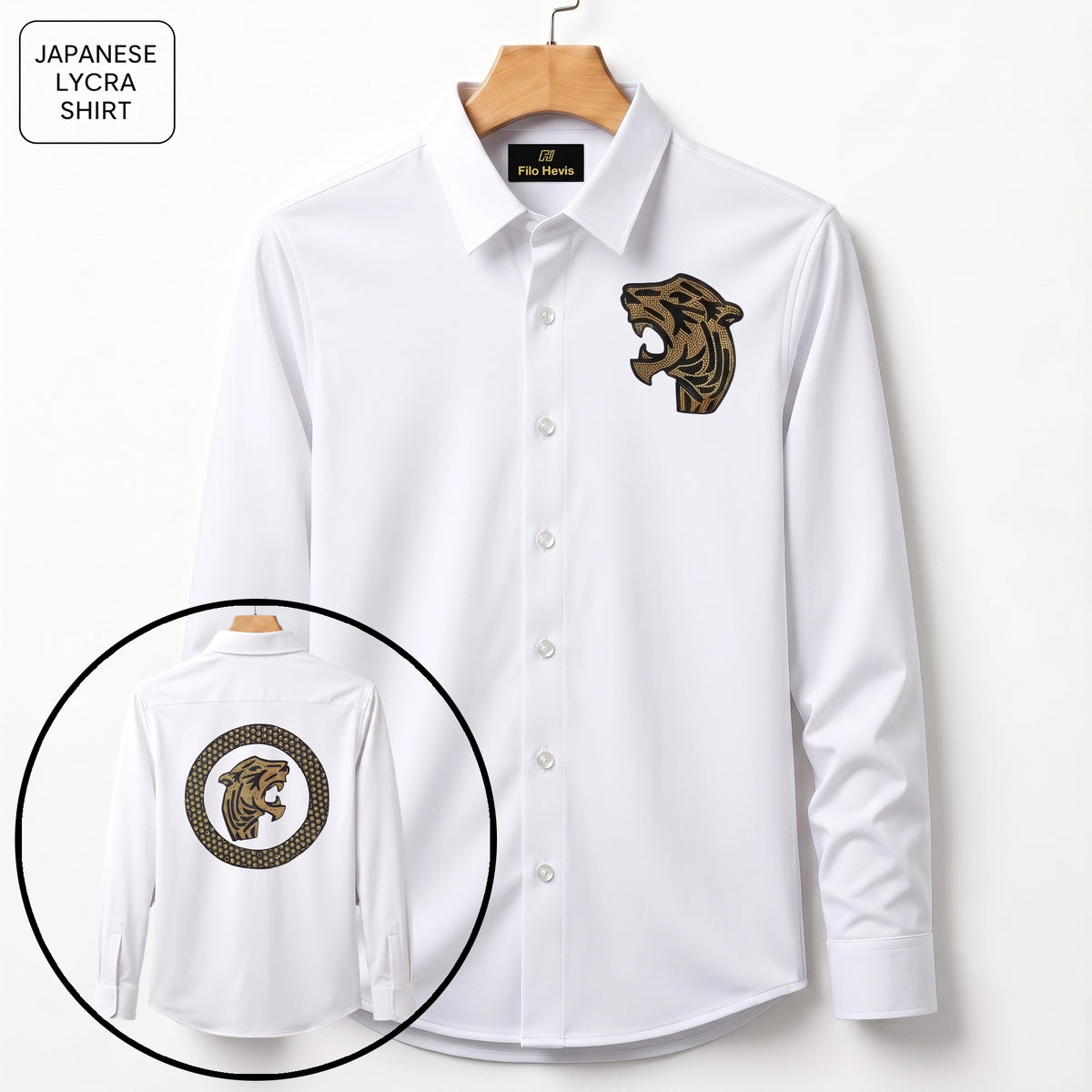 Front & Back Tiger Embroidery Party Shirts | Club Wear | White