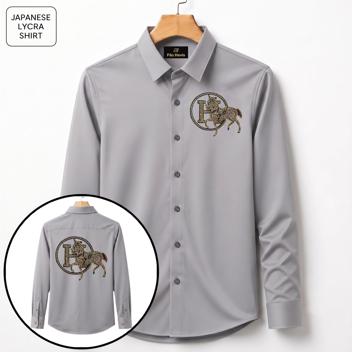 Front & Back Horse Embroidery Party Shirts | Club Wear | Light Grey