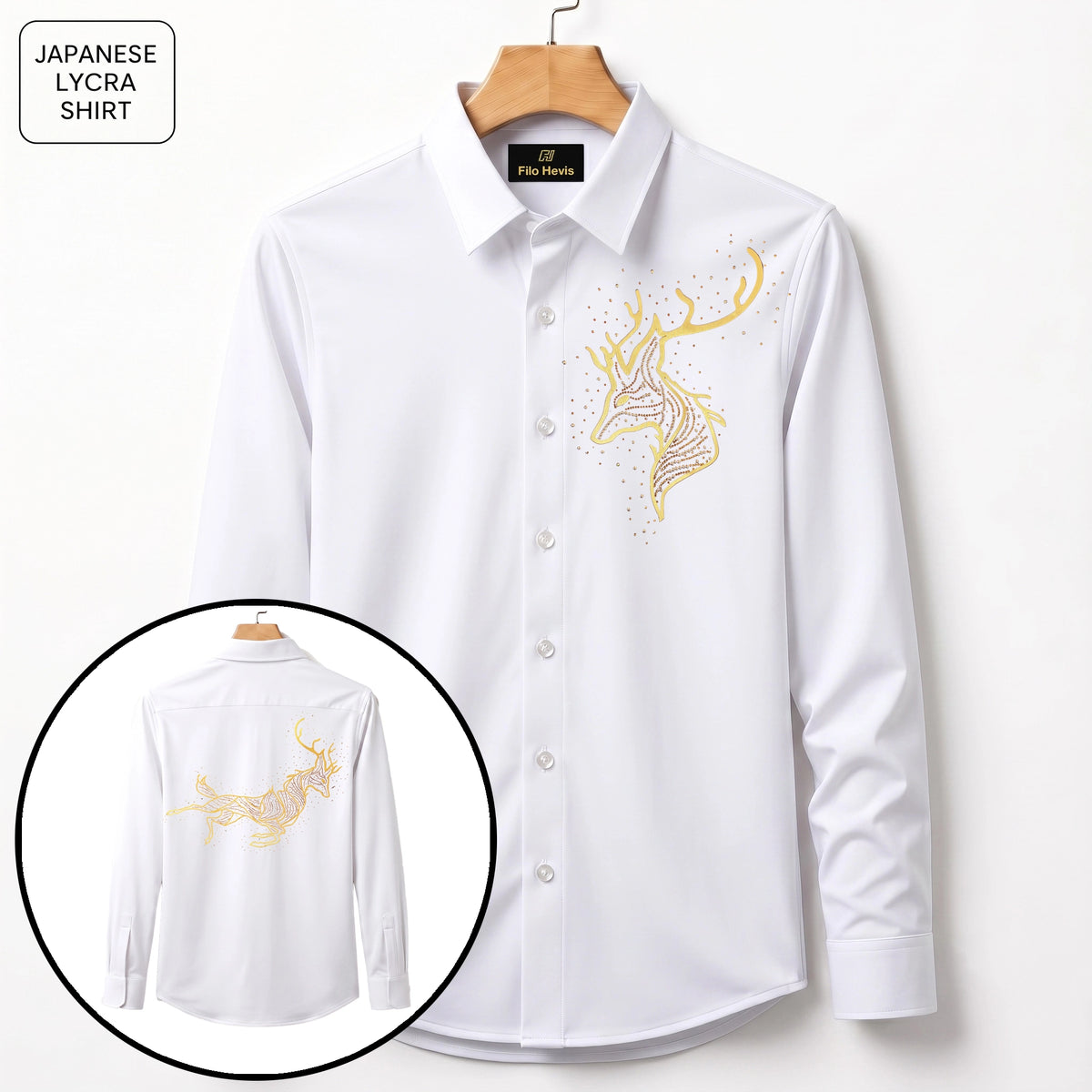 Front & Back Double Deer Embroidery Party Shirts | Club Wear | White