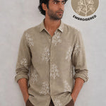 Embroidered Botanical Linen Shirt-Beige