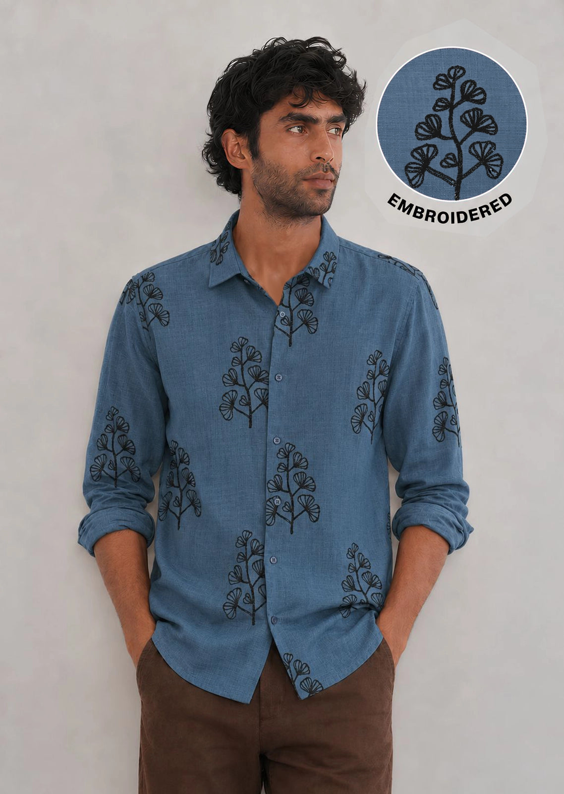 Embroidered Botanical Linen Shirt-Blue
