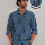 Embroidered Botanical Linen Shirt-Blue