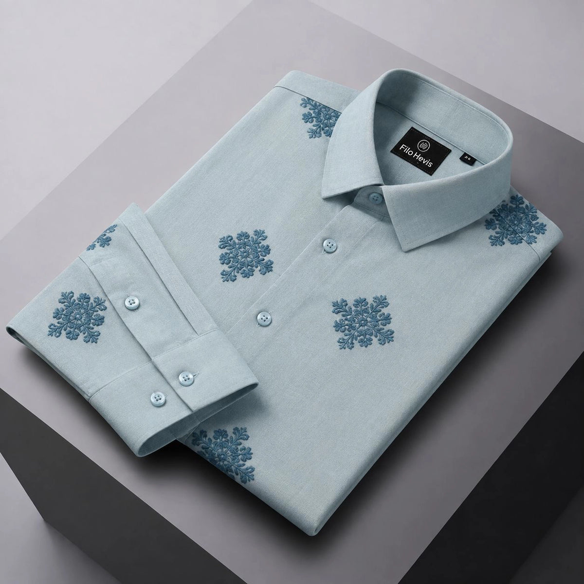 Embroidered Botanical Linen Shirt-Sky