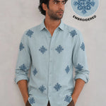 Embroidered Botanical Linen Shirt-Sky