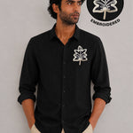 Leaf Botanical Embroidery Textured Shirt | Black