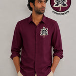 Leaf Botanical Embroidery Textured Shirt | Wine