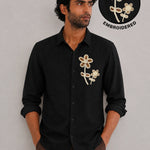 Flower Botanical Embroidery Textured Shirt | Black