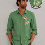 Flower Botanical Embroidery Textured Shirt | Green