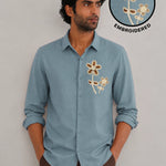 Flower Botanical Embroidery Textured Shirt | Sky