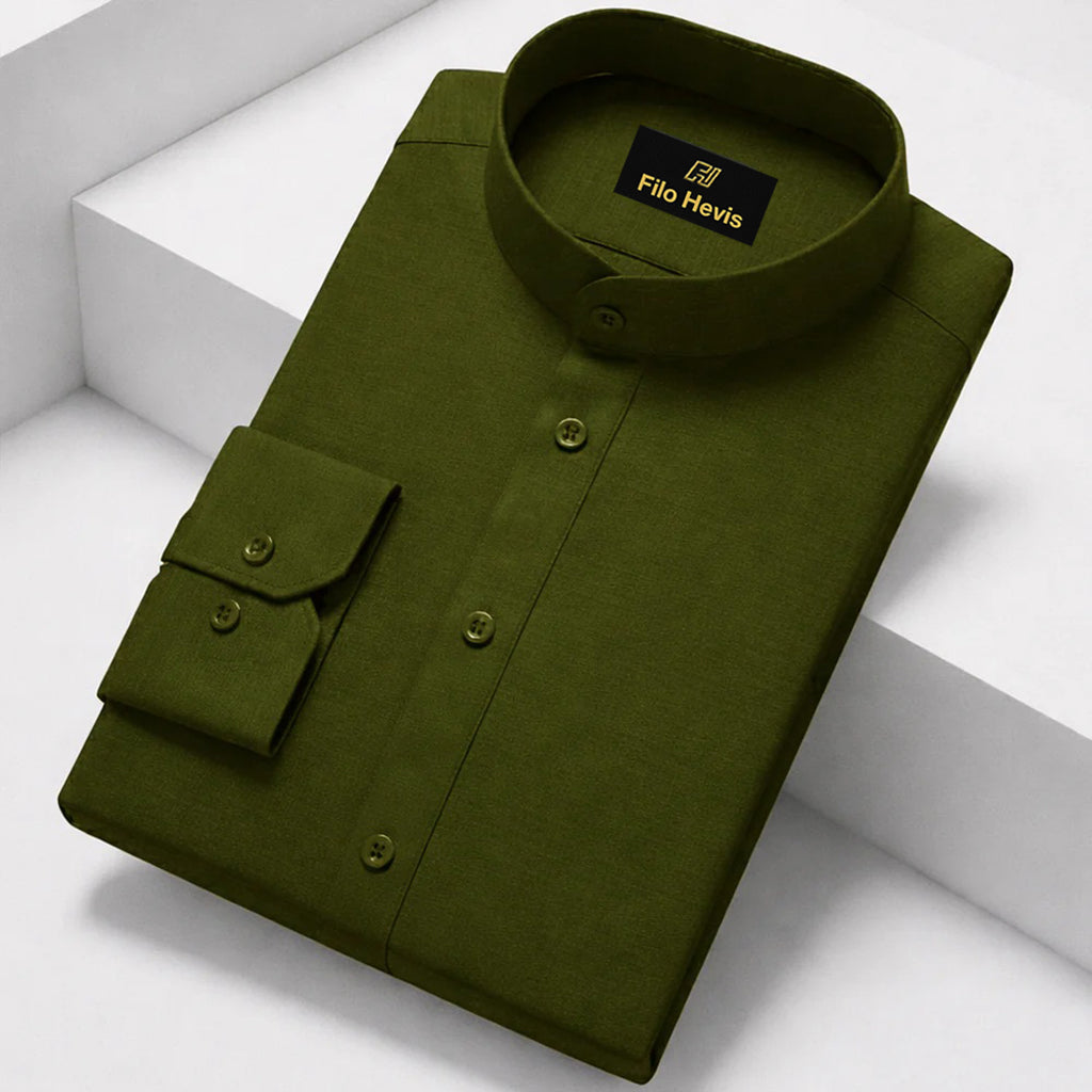 MEN’S CHINESE COLLAR SHIRT | FULL SLEEVE COTTON LINEN T-NECK SHIRT | Mehndi Green COLOR