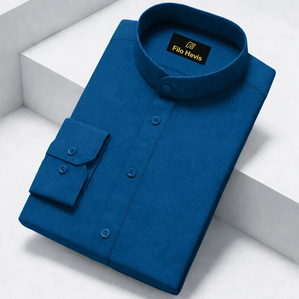 MEN’S CHINESE COLLAR SHIRT | FULL SLEEVE COTTON LINEN T-NECK SHIRT | Teal Blue COLOR