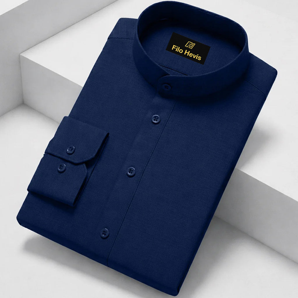 MEN’S CHINESE COLLAR SHIRT | FULL SLEEVE COTTON LINEN T-NECK SHIRT | NAVY BLUE COLOR