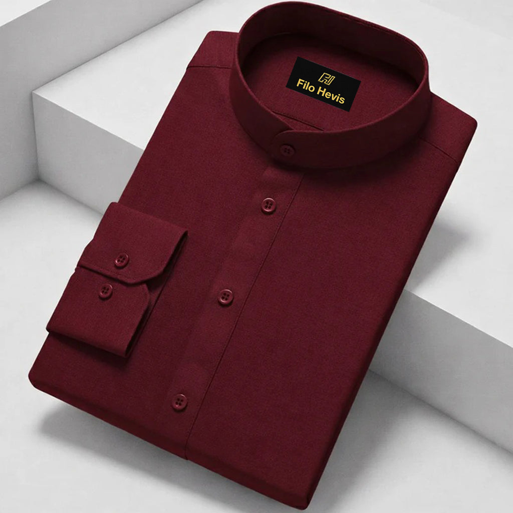 MEN’S CHINESE COLLAR SHIRT | FULL SLEEVE COTTON LINEN T-NECK SHIRT | Dark Maroon COLOR
