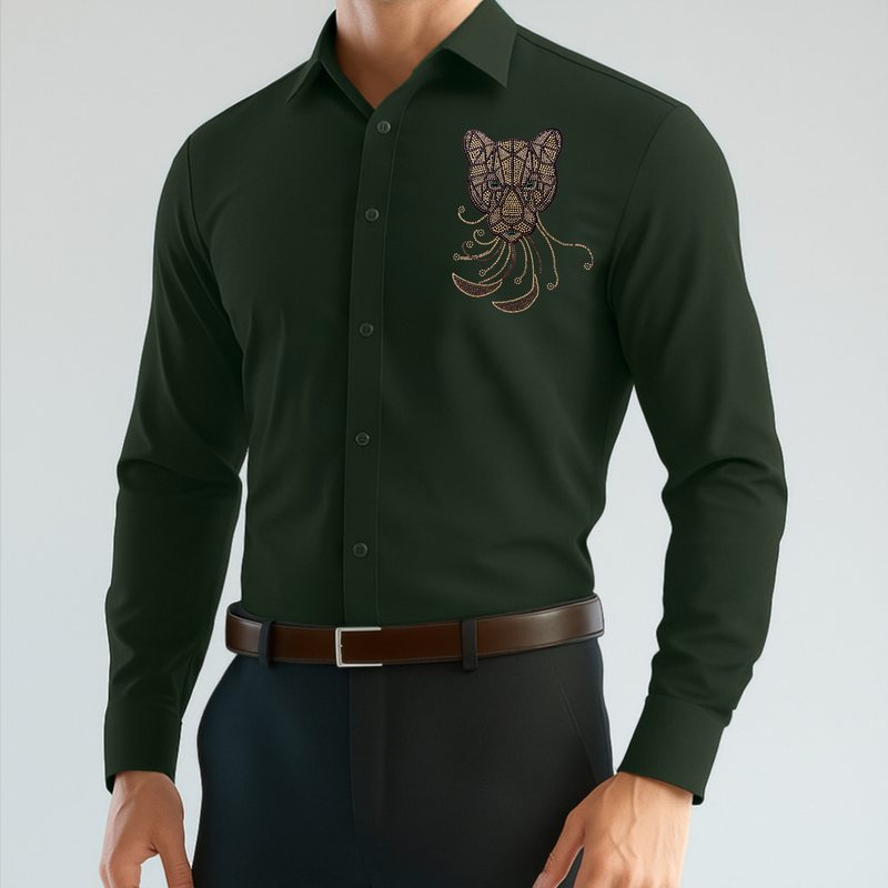 PARTY SHIRTS FOR MEN | PREMIUM SHIRTS | CLUB SHIRTS Tiger Embroidery-Bottle-Green