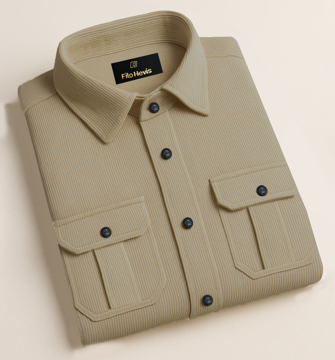 MEN’S CORDUROY SHIRT FOR WINTER STYLE | 21-WALES CORDUROY | DOUBLE POCKET | Cream