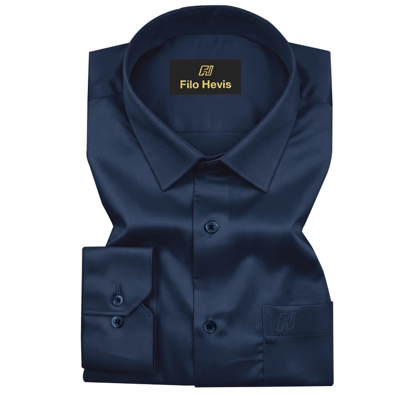 PLATINUM COTTON SATIN FORMAL SHIRT FOR MEN (Single Pocket)-Navy Blue